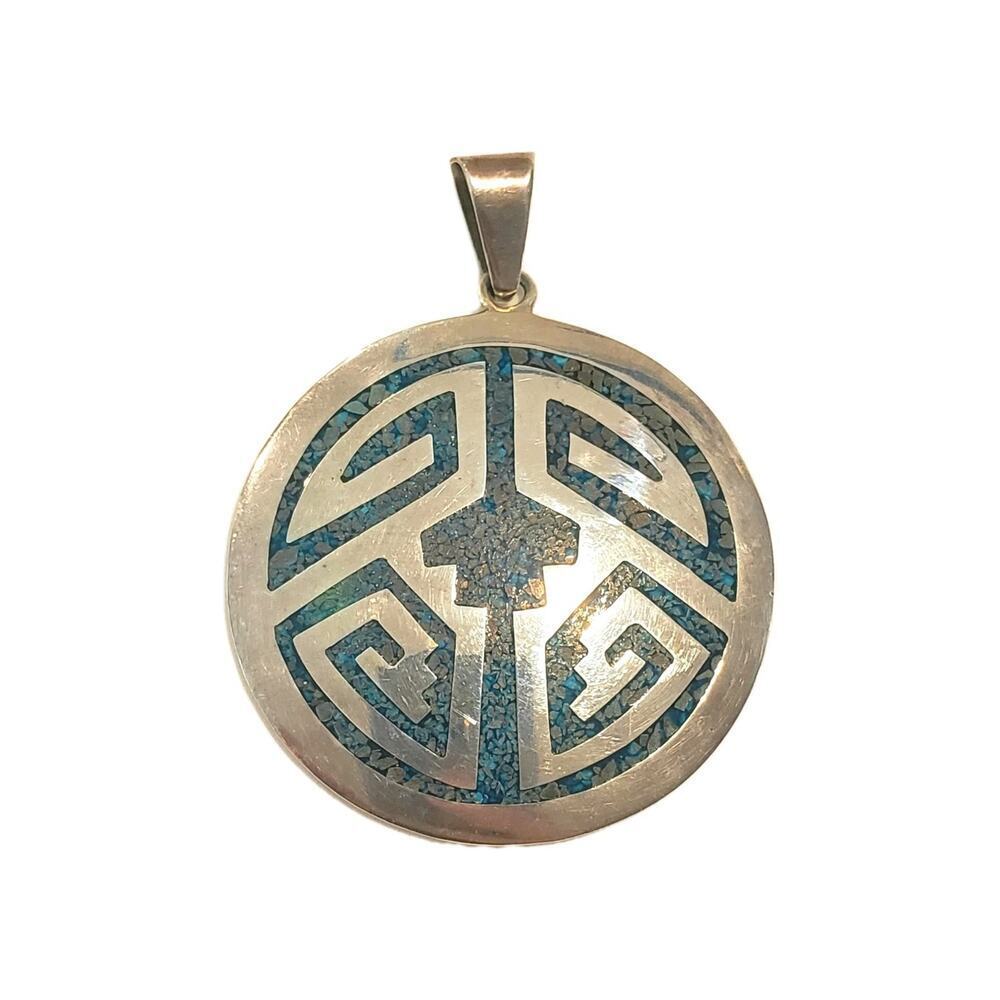 Vintage Taxco Pendant Big Sterling Inlay Turquoise Chip Aztec Native Mexico - Picture 7 of 10